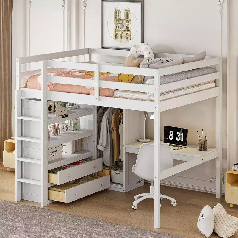 Lit mezzanine pleine grandeur avec armoire et bureau, lit mezzanine haut en bois avec tiroirs de rangement et étagères pour adultes, enfants et adolescents