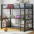 Twin Size Metal Loft Bed with Desk and Shelves, Heavy Duty Loft Bed Frame with Basketball Hoop, Black