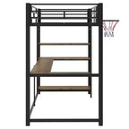 Lit mezzanine en métal pour lits jumeaux avec bureau et étagères, cadre de lit mezzanine robuste avec panier de basket, noir