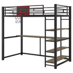 Lit mezzanine en métal pour lits jumeaux avec bureau et étagères, cadre de lit mezzanine robuste avec panier de basket, noir