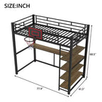 Lit mezzanine en métal pour lits jumeaux avec bureau et étagères, cadre de lit mezzanine robuste avec panier de basket, noir