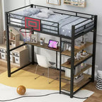 Lit mezzanine en métal pour lits jumeaux avec bureau et étagères, cadre de lit mezzanine robuste avec panier de basket, noir
