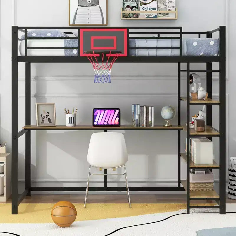 Lit mezzanine en métal pour lits jumeaux avec bureau et étagères, cadre de lit mezzanine robuste avec panier de basket, noir