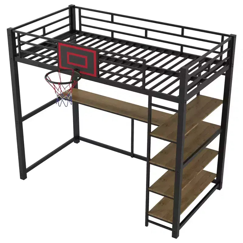 Lit mezzanine en métal pour lits jumeaux avec bureau et étagères, cadre de lit mezzanine robuste avec panier de basket, noir