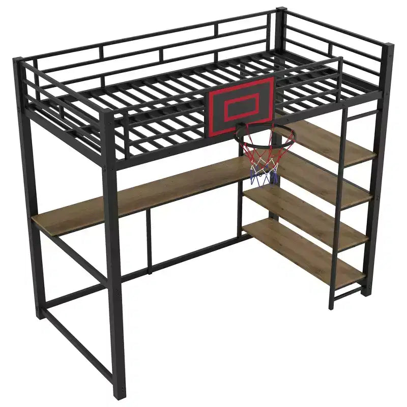 Lit mezzanine en métal pour lits jumeaux avec bureau et étagères, cadre de lit mezzanine robuste avec panier de basket, noir