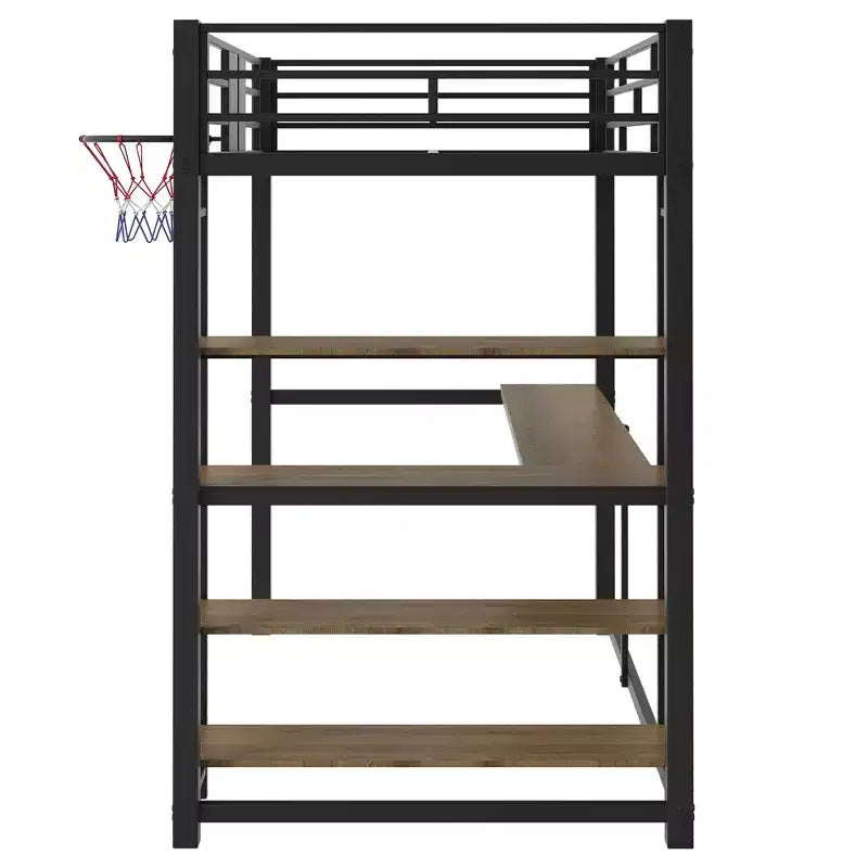 Lit mezzanine en métal pour lits jumeaux avec bureau et étagères, cadre de lit mezzanine robuste avec panier de basket, noir