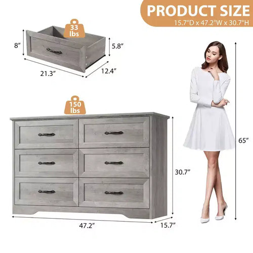 Commode à 6 tiroirs pour chambre à coucher, commode de rangement avec large poignée en métal, organisateur de rangement