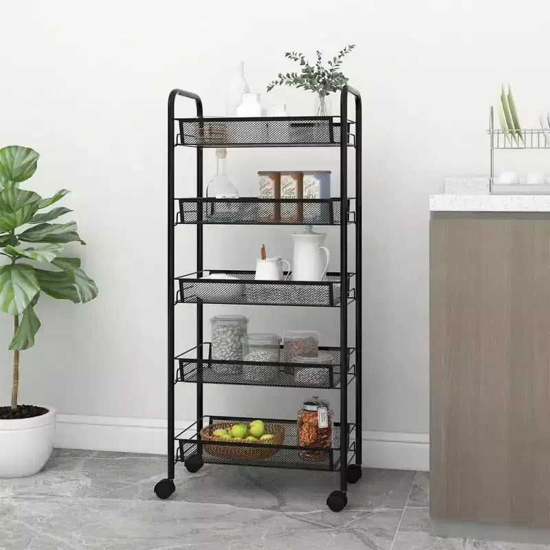 CLIHOME Chariot de rangement à roulettes en filet à 5 niveaux, panier utilitaire pour documents, bureau à domicile, organisateur de garde-manger de cuisine