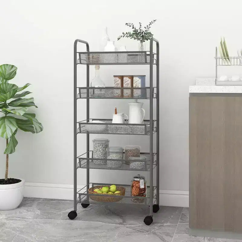 CLIHOME Chariot de rangement à roulettes en filet à 5 niveaux, panier utilitaire pour documents, bureau à domicile, organisateur de garde-manger de cuisine