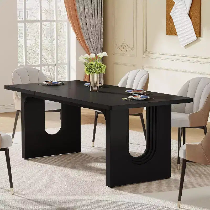 Table à manger moderne Lantine pour 6 personnes, grande table de cuisine de 180 cm avec base piédestal en bois, pour cuisine, salle à manger, salon
