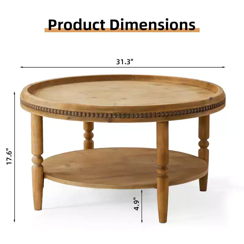 Table basse ronde moderne de 31 po, table centrale en bois à 2 niveaux avec garniture perlée, table d'appoint de cocktail pour salon et chambre à coucher