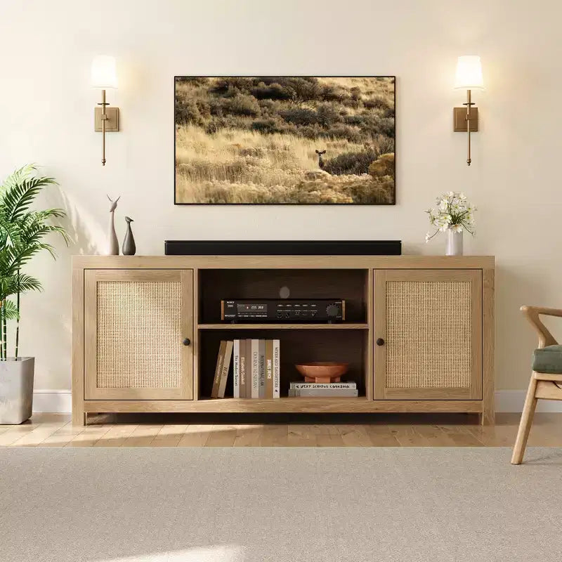Meuble TV de ferme, Centre de divertissement TV avec portes et étagères réglables, Meuble console TV moderne pour salon, chambre à coucher, Chêne