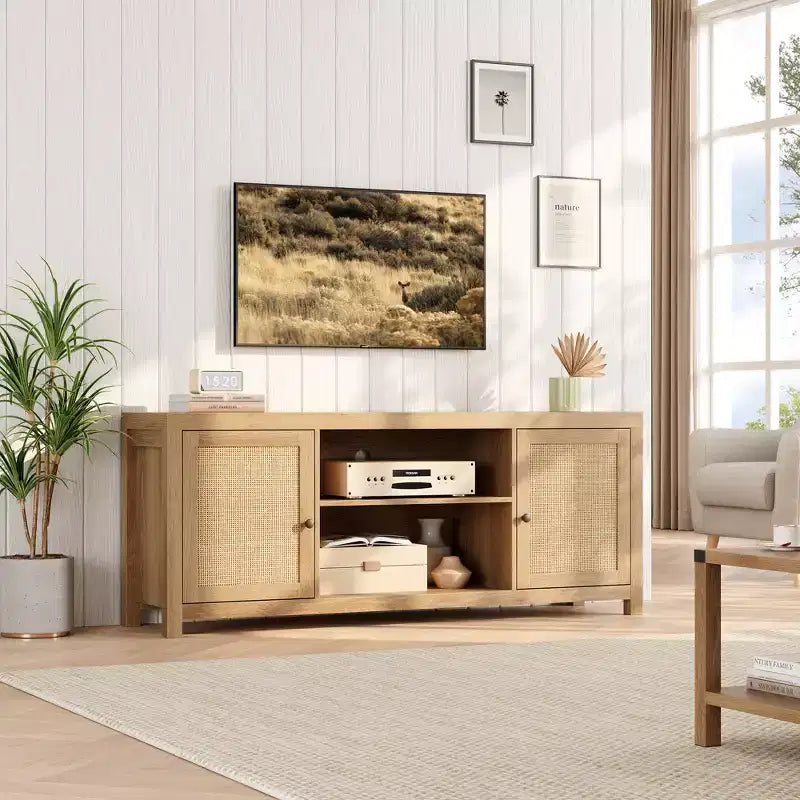 Meuble TV de ferme, Centre de divertissement TV avec portes et étagères réglables, Meuble console TV moderne pour salon, chambre à coucher, Chêne