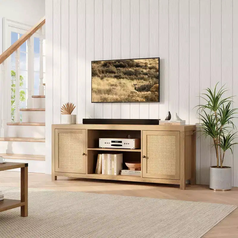 Meuble TV de ferme, Centre de divertissement TV avec portes et étagères réglables, Meuble console TV moderne pour salon, chambre à coucher, Chêne