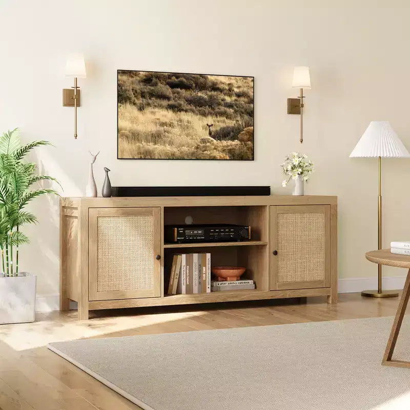 Meuble TV de ferme, Centre de divertissement TV avec portes et étagères réglables, Meuble console TV moderne pour salon, chambre à coucher, Chêne