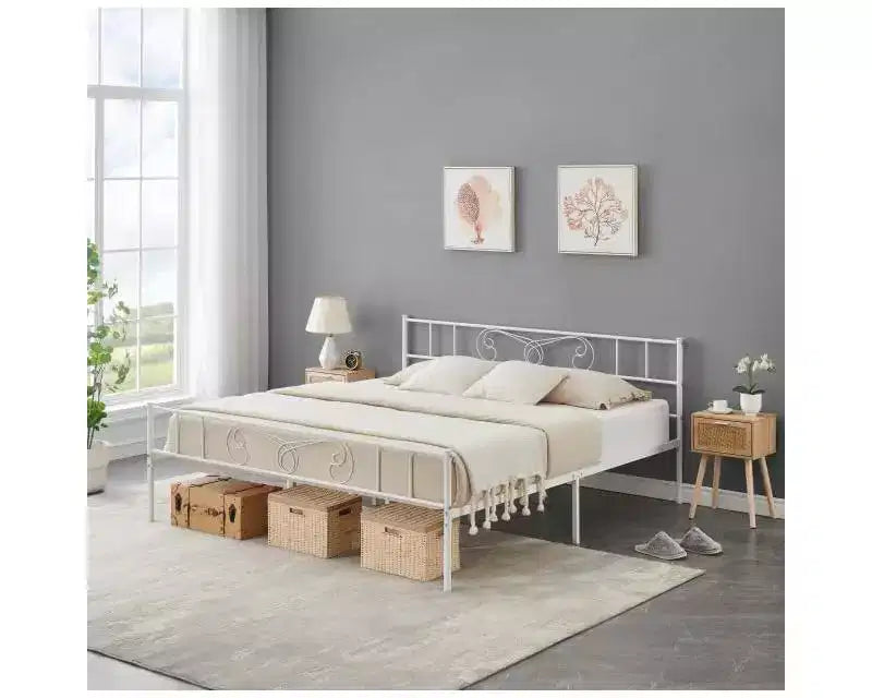 Cadre de lit King Size en métal avec tête de lit et support à lattes en acier avec rangement de 13,7 pouces, aucun sommier tapissier requis, assemblage facile