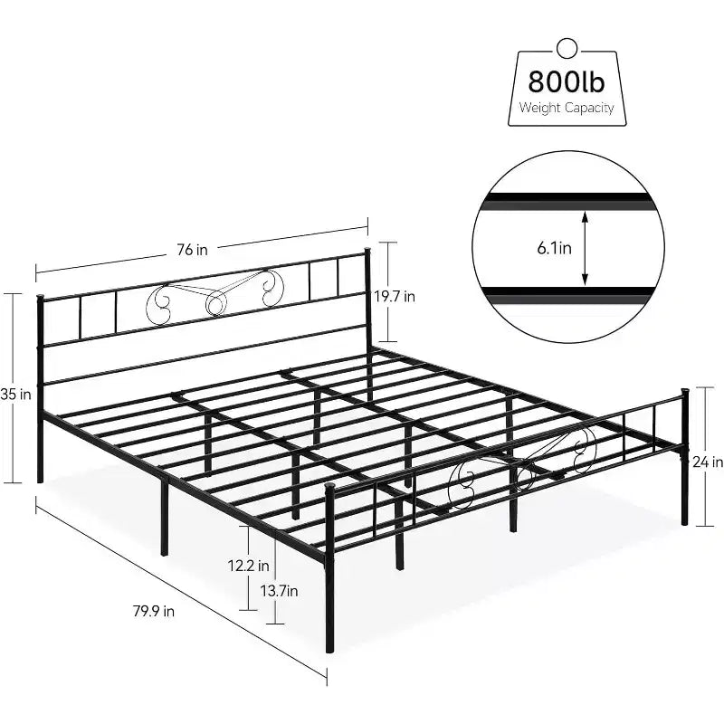 Cadre de lit King Size en métal avec tête de lit et support à lattes en acier avec rangement de 13,7 pouces, aucun sommier tapissier requis, assemblage facile
