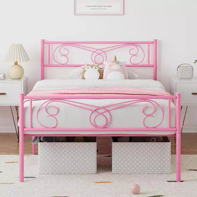 Cadre de lit King Size en métal avec tête de lit et support à lattes en acier avec rangement de 13,7 pouces, aucun sommier tapissier requis, assemblage facile