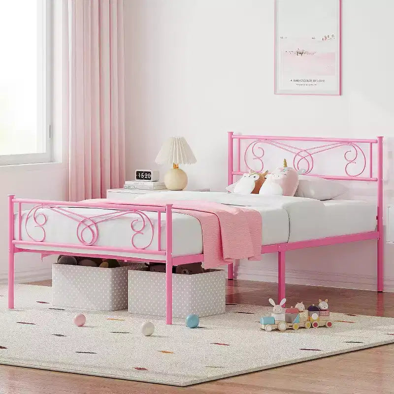 Cadre de lit King Size en métal avec tête de lit et support à lattes en acier avec rangement de 13,7 pouces, aucun sommier tapissier requis, assemblage facile