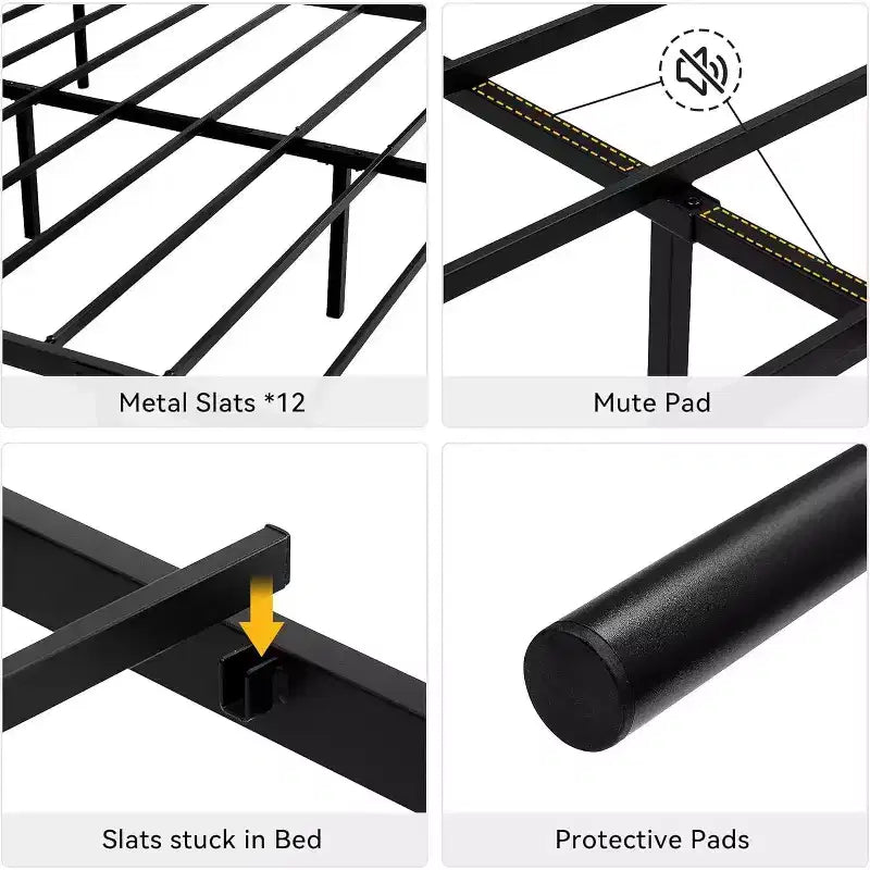 Cadre de lit King Size en métal avec tête de lit et support à lattes en acier avec rangement de 13,7 pouces, aucun sommier tapissier requis, assemblage facile