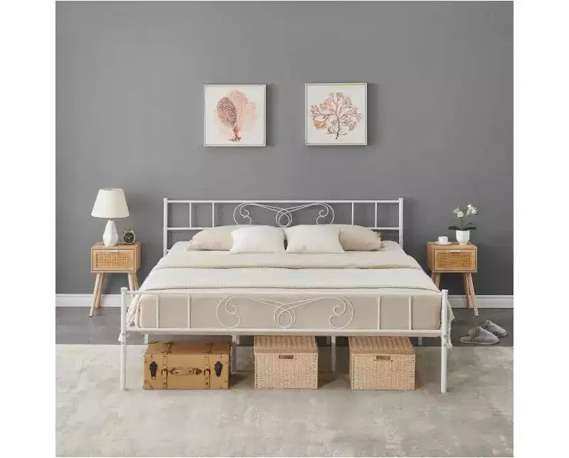 Cadre de lit King Size en métal avec tête de lit et support à lattes en acier avec rangement de 13,7 pouces, aucun sommier tapissier requis, assemblage facile