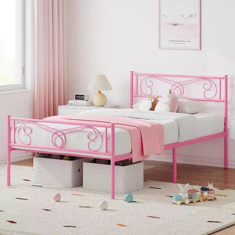 Cadre de lit King Size en métal avec tête de lit et support à lattes en acier avec rangement de 13,7 pouces, aucun sommier tapissier requis, assemblage facile