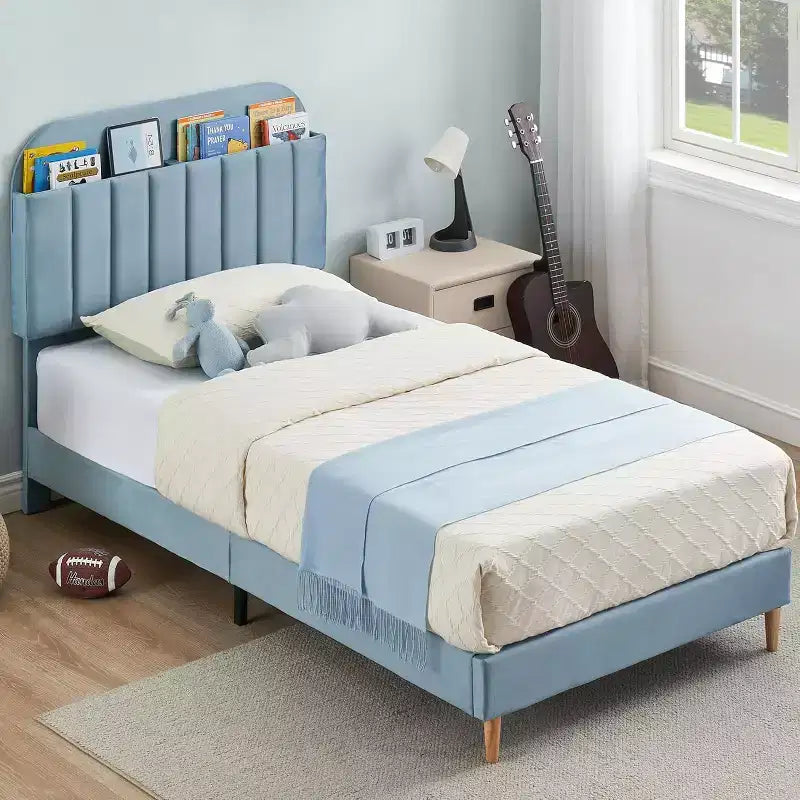 Cadre de lit avec tête de lit bibliothèque de rangement, cadre de lit plateforme rembourré sans bruit, assemblage facile, pas besoin de sommier tapissier