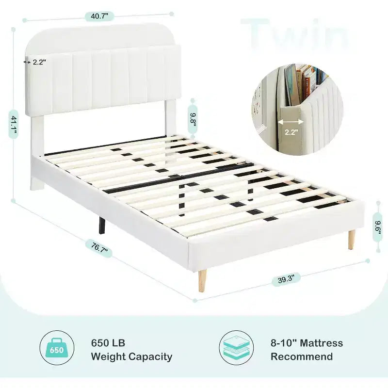 Cadre de lit avec tête de lit bibliothèque de rangement, cadre de lit plateforme rembourré sans bruit, assemblage facile, pas besoin de sommier tapissier