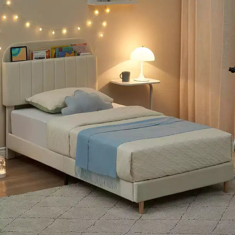 Cadre de lit avec tête de lit bibliothèque de rangement, cadre de lit plateforme rembourré sans bruit, assemblage facile, pas besoin de sommier tapissier
