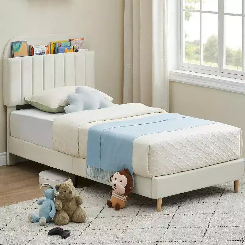 Cadre de lit avec tête de lit bibliothèque de rangement, cadre de lit plateforme rembourré sans bruit, assemblage facile, pas besoin de sommier tapissier