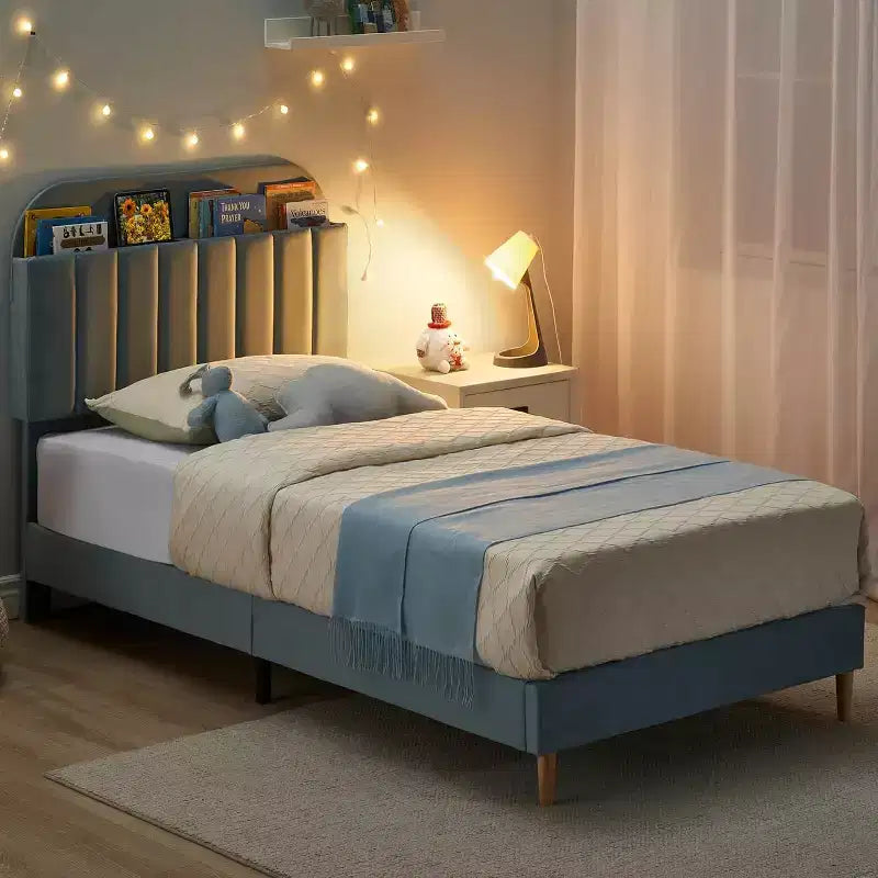 Cadre de lit avec tête de lit bibliothèque de rangement, cadre de lit plateforme rembourré sans bruit, assemblage facile, pas besoin de sommier tapissier