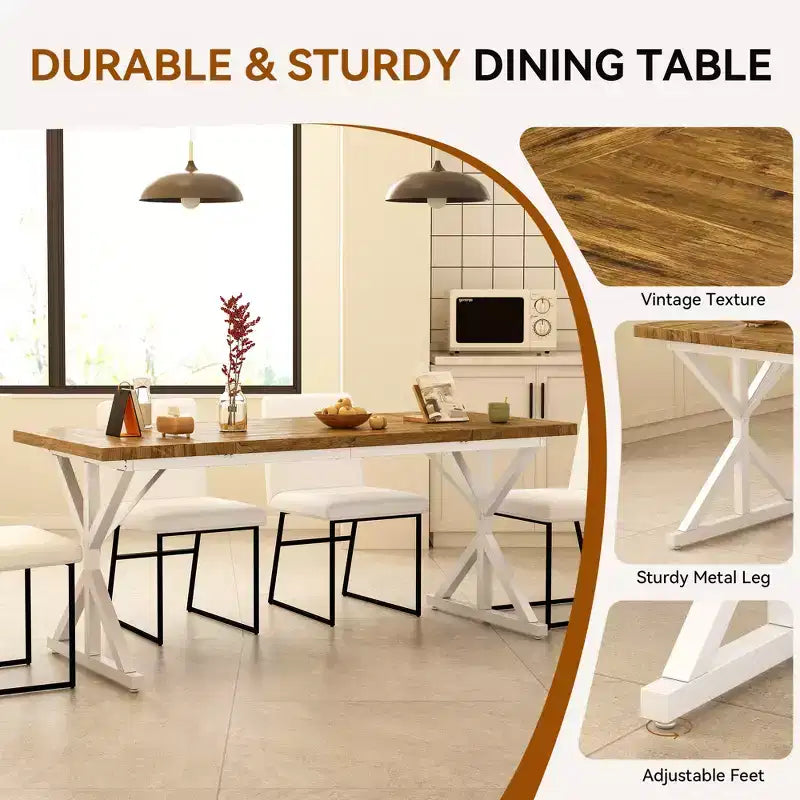 Table de salle à manger de ferme Vipbear pour 6 personnes, table à manger rectangulaire en bois de 180 cm, table de cuisine rustique avec pieds en métal robustes pour salle à manger