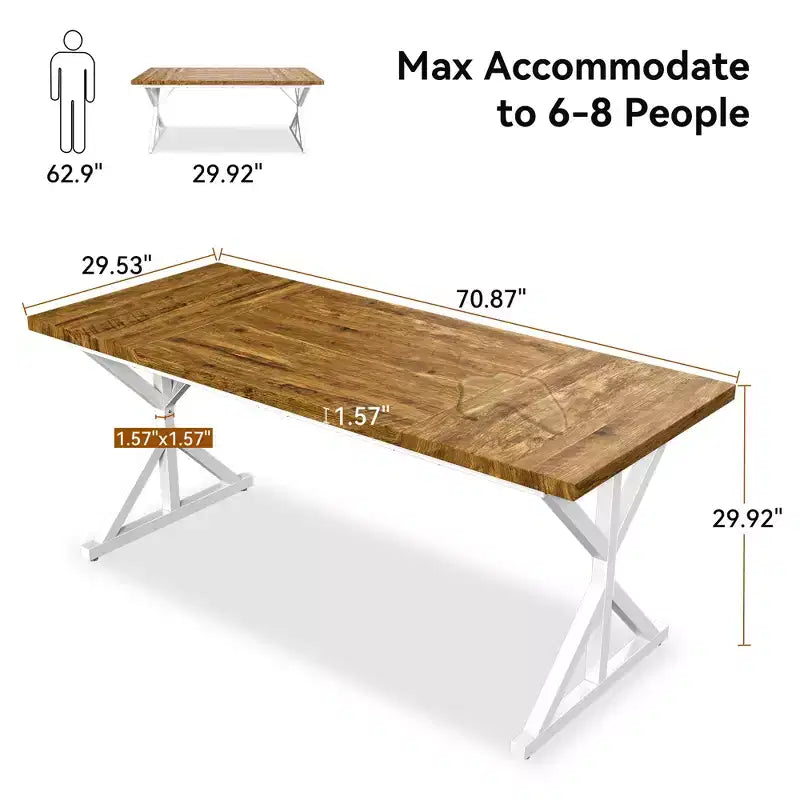 Table de salle à manger de ferme Vipbear pour 6 personnes, table à manger rectangulaire en bois de 180 cm, table de cuisine rustique avec pieds en métal robustes pour salle à manger