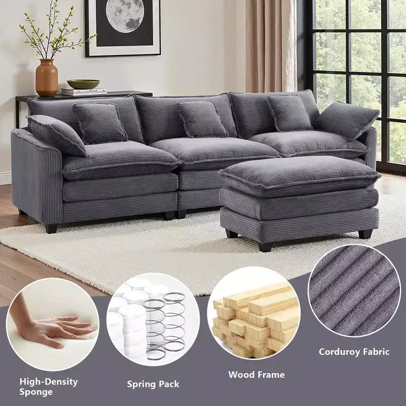 Canapé d'angle modulable 3 places en velours côtelé EHMKNP avec pouf