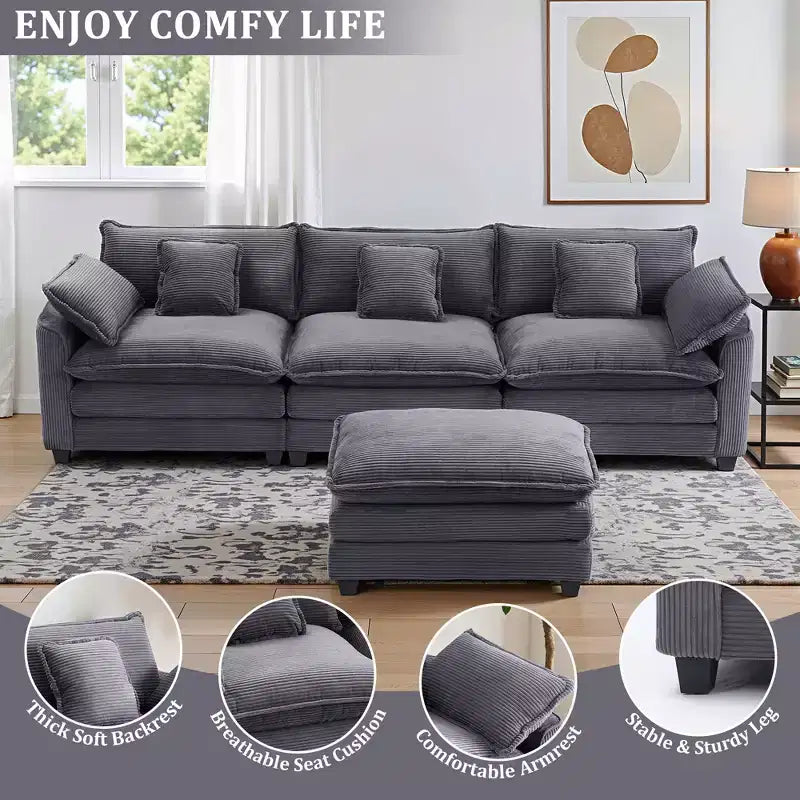 Canapé d'angle modulable 3 places en velours côtelé EHMKNP avec pouf