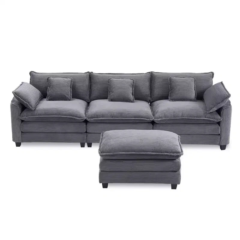 Canapé d'angle modulable 3 places en velours côtelé EHMKNP avec pouf
