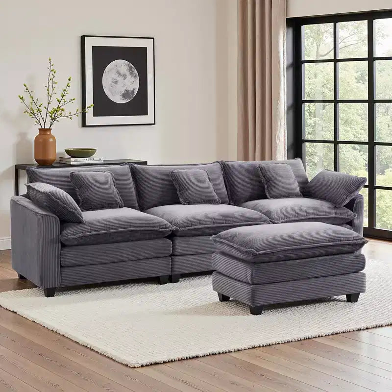 Canapé d'angle modulable 3 places en velours côtelé EHMKNP avec pouf