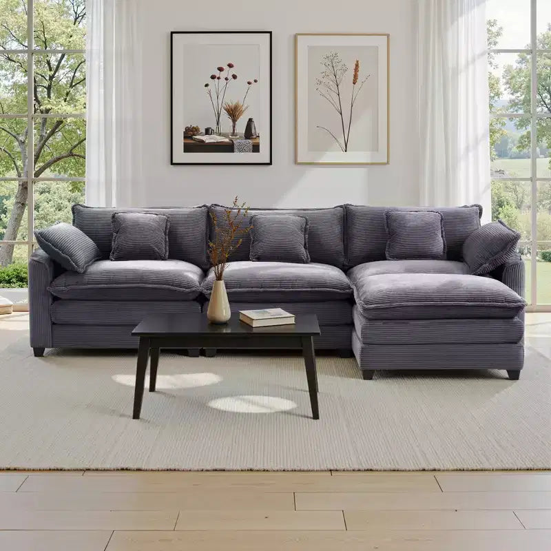 Canapé d'angle modulable 3 places en velours côtelé EHMKNP avec pouf
