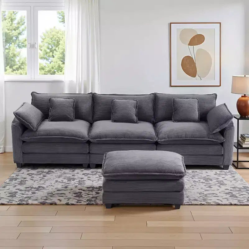 Canapé d'angle modulable 3 places en velours côtelé EHMKNP avec pouf