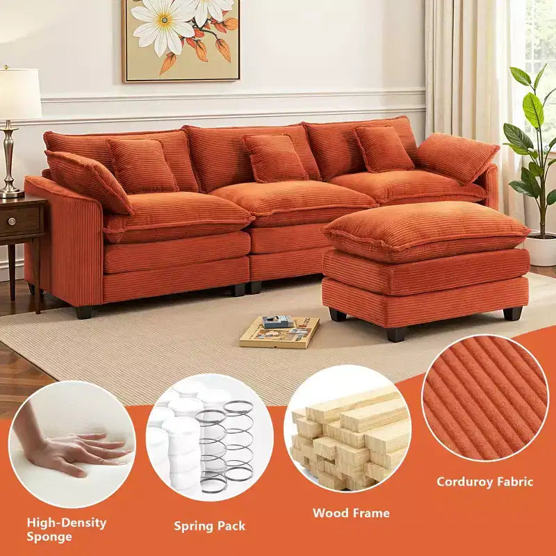 Canapé d'angle modulable 3 places en velours côtelé EHMKNP avec pouf