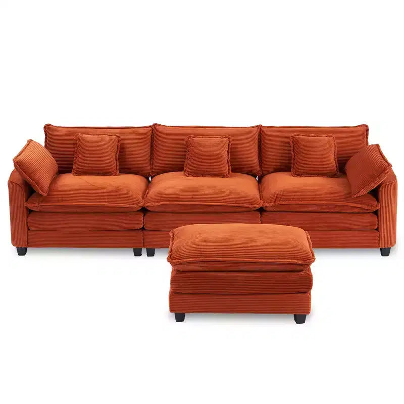 Canapé d'angle modulable 3 places en velours côtelé EHMKNP avec pouf