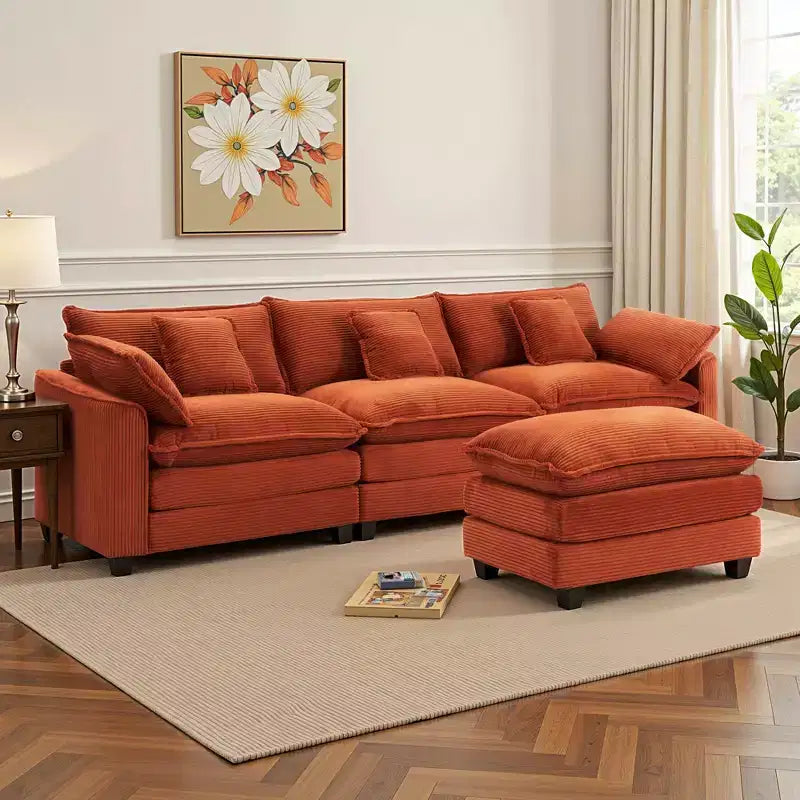 Canapé d'angle modulable 3 places en velours côtelé EHMKNP avec pouf