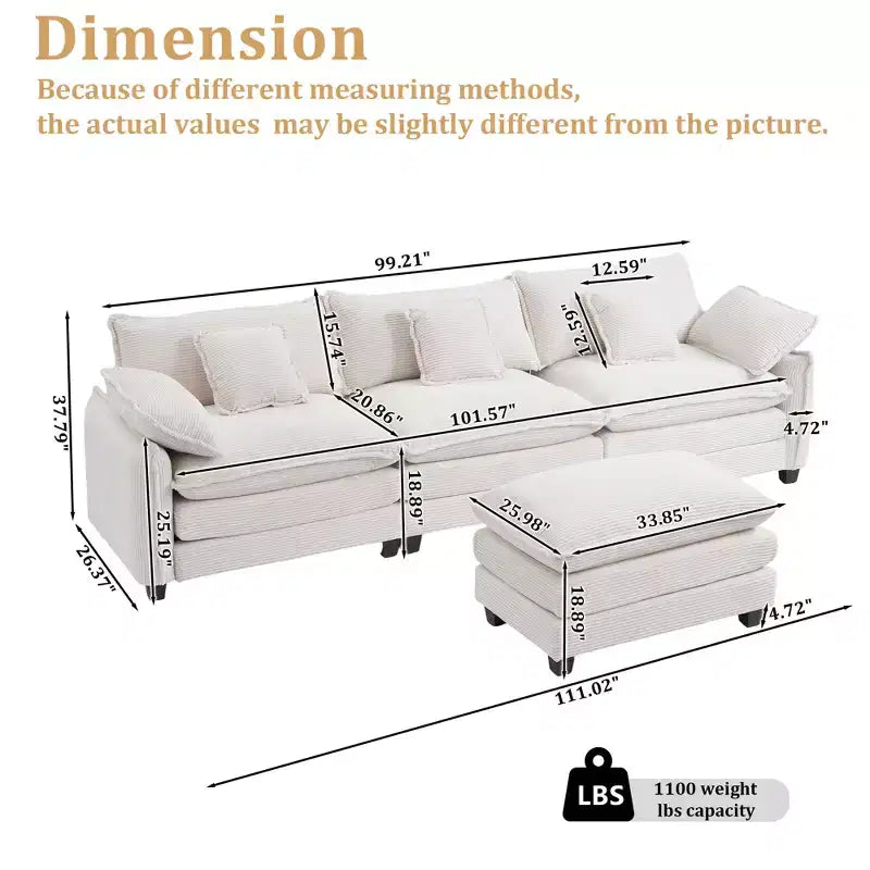 Canapé d'angle modulable 3 places en velours côtelé EHMKNP avec pouf