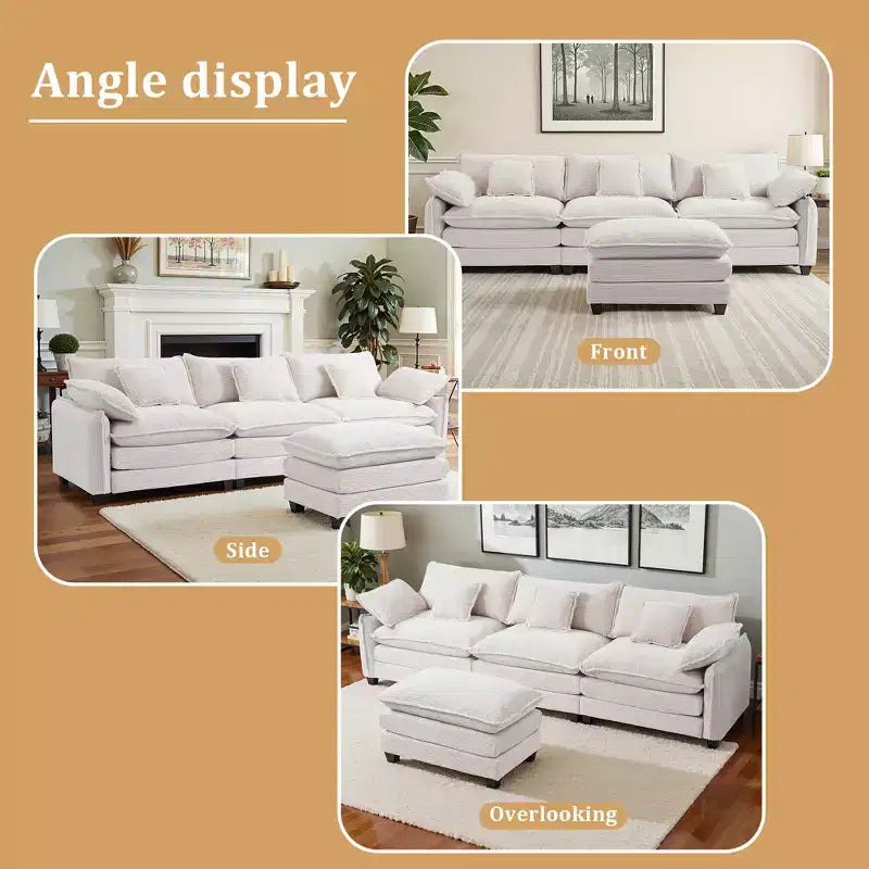 Canapé d'angle modulable 3 places en velours côtelé EHMKNP avec pouf