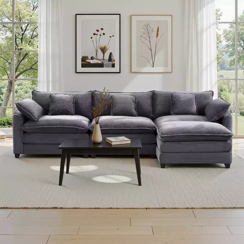 Canapé d'angle modulable 3 places en velours côtelé EHMKNP avec pouf