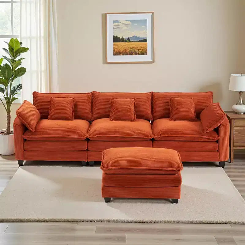 Canapé d'angle modulable 3 places en velours côtelé EHMKNP avec pouf