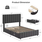 Cadre de lit, lit plateforme - taille double avec 4 tiroirs de rangement, tête de lit réglable en hauteur, rembourré en lin, aucun sommier tapissier requis (Gris)