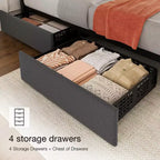 Cadre de lit, lit plateforme - taille double avec 4 tiroirs de rangement, tête de lit réglable en hauteur, rembourré en lin, aucun sommier tapissier requis (Gris)