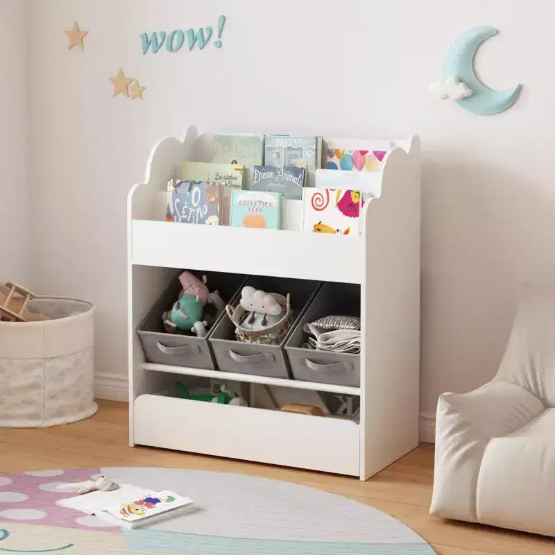 Étagère à Livres pour Enfants avec Bacs de Rangement et Tiroir, Organiseur de Livres Multifonctionnel en Bois pour Tout-petits, Bibliothèque Blanche pour Jouets, Livres et Chambre d'Enfant