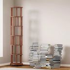 Okak 360 Bibliothèque Rotative avec Roues, Étagère Étroite en Bois Massif à 6 Niveaux, Vitrine pour Salon, Bureau, Chambre, Noyer